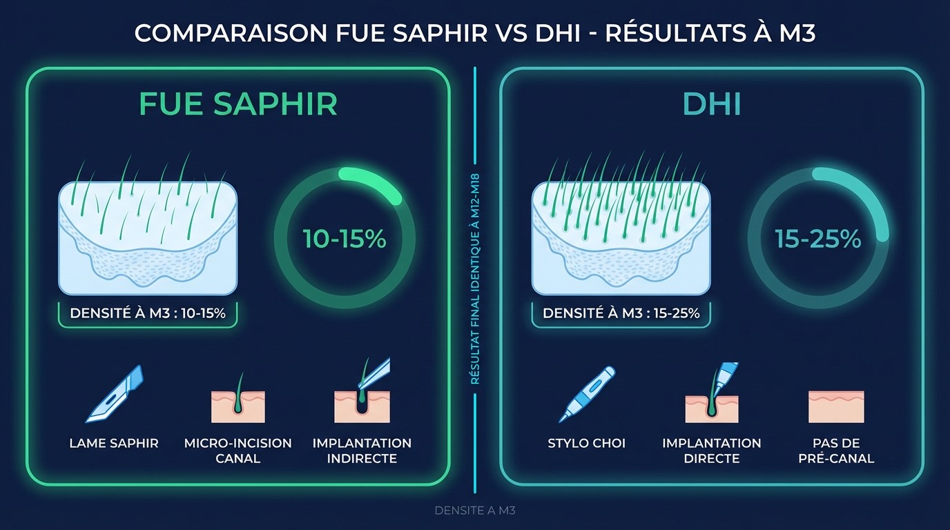 Comparaison de la repousse à 3 mois entre FUE Saphir (10-18 % de densité) et Choi Pen stylo Choi (15-25 % de densité) montrant les duvets fins émergents avec les deux techniques