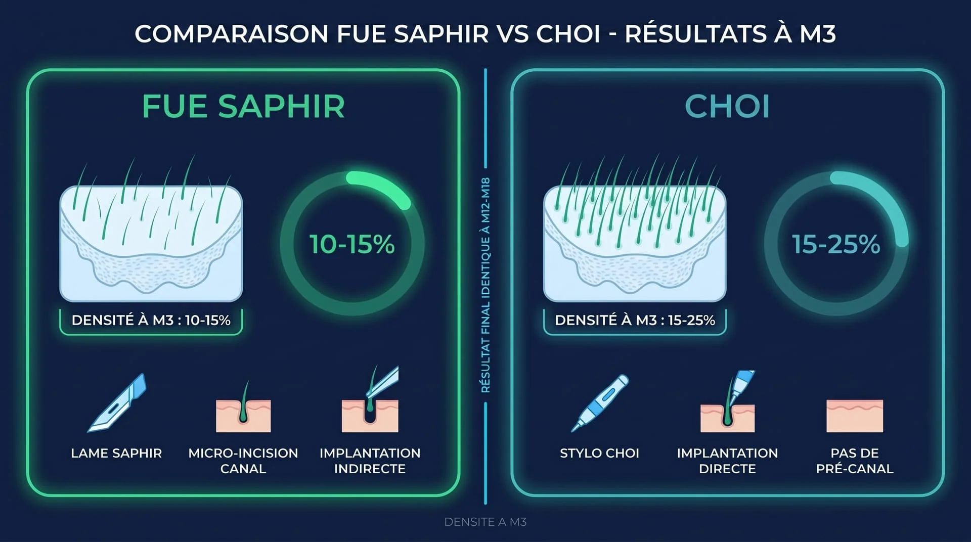Comparaison de la repousse à 3 mois entre FUE Saphir (10-18 % de densité) et Choi Pen stylo Choi (15-25 % de densité) montrant les duvets fins émergents avec les deux techniques