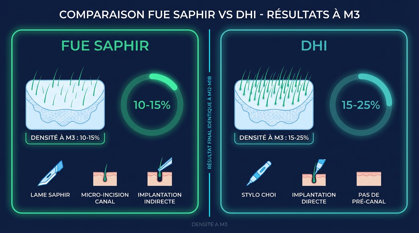 Comparaison de la repousse à 3 mois entre FUE Saphir (10-18 % de densité) et DHI stylo Choi (15-25 % de densité) montrant les duvets fins émergents avec les deux techniques