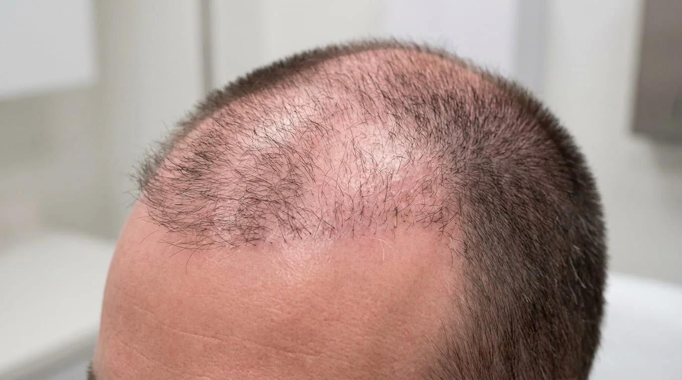 Résultat de greffe de cheveux à 3 mois : premiers duvets fins émergents sur le cuir chevelu cicatrisé, 10-20 % de densité visible en phase anagène précoce