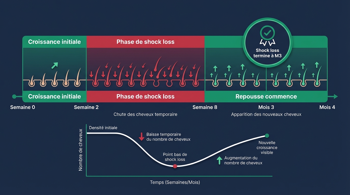 Fin du shock loss à 3 mois post-greffe de cheveux : comparaison entre le cuir chevelu pendant le shock loss (S4) et après la fin de la phase de chute (M3) avec premiers duvets émergents