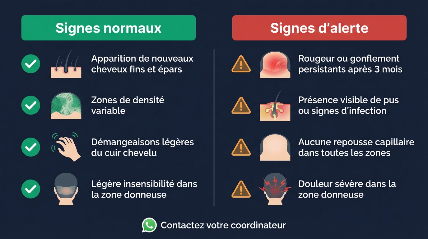 Signaux d'alerte à surveiller à 3 mois post-greffe de cheveux : rougeurs persistantes, douleur, kyste folliculaire — quand contacter votre clinique