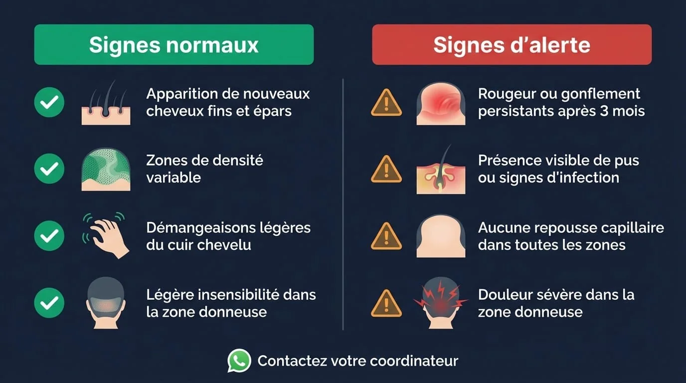 Signaux d'alerte à surveiller à 3 mois post-greffe de cheveux : rougeurs persistantes, douleur, kyste folliculaire — quand contacter votre clinique