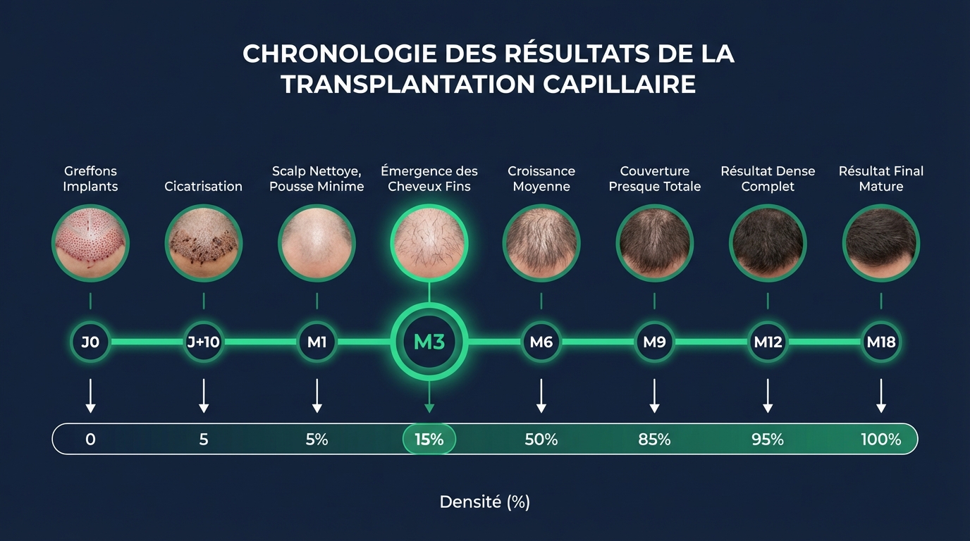 Timeline de la repousse post-greffe de cheveux avec position à 3 mois : 9 phases du jour 1 au mois 18, début de repousse et ugly duckling mis en évidence avec marqueur ambré