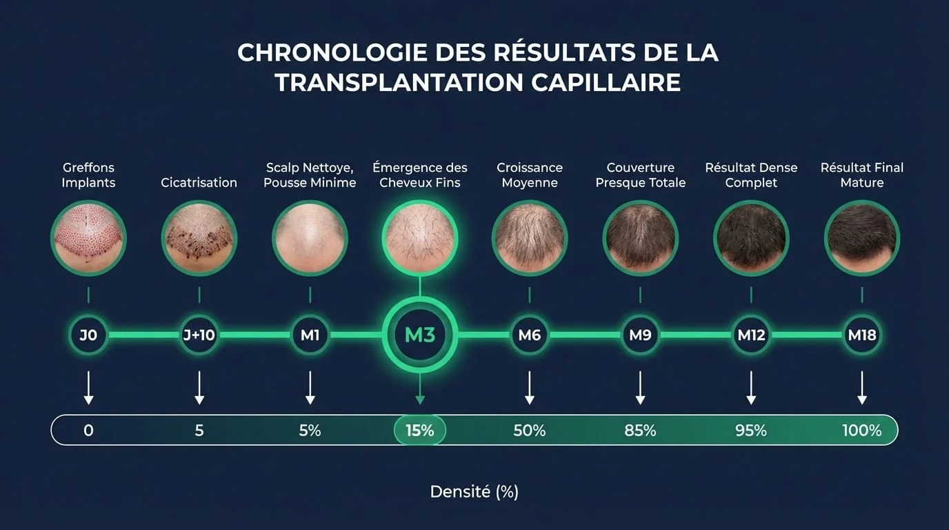 Timeline de la repousse post-greffe de cheveux avec position à 3 mois : 9 phases du jour 1 au mois 18, début de repousse et ugly duckling mis en évidence avec marqueur ambré