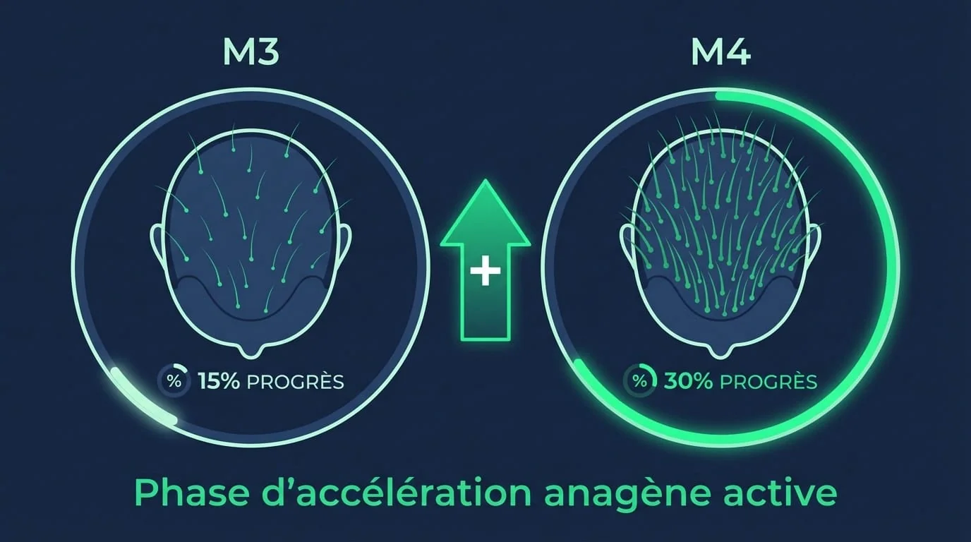 Accélération de la Repousse à M4 — M3 vs M4 | Renaissance Clinique Accélération de la repousse à 4 mois post-greffe : comparaison de la densité entre M3 (10-20 %) et M4 (20-35 %) montrant le doublement de la couverture capillaire