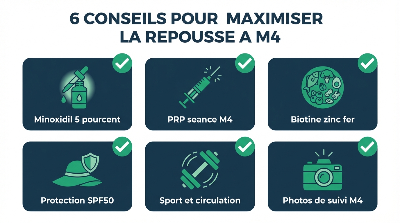 6 conseils pour maximiser les résultats de greffe de cheveux à 4 mois : minoxidil, PRP, nutrition, sport, protection solaire et suivi photographique