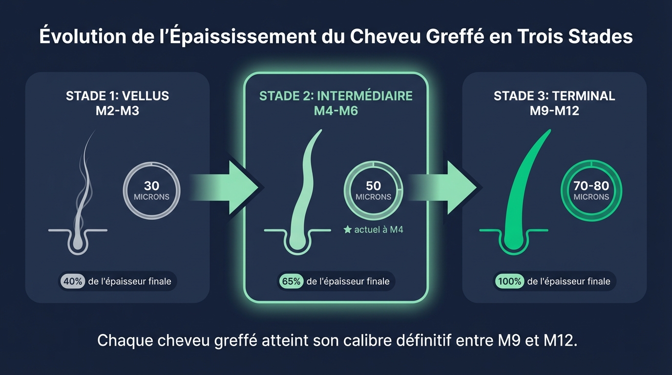Stades d'épaississement des cheveux greffés à 4 mois : progression du cheveu vellus (fin, dépigmenté) vers le cheveu intermédiaire puis terminal (épais, pigmenté)