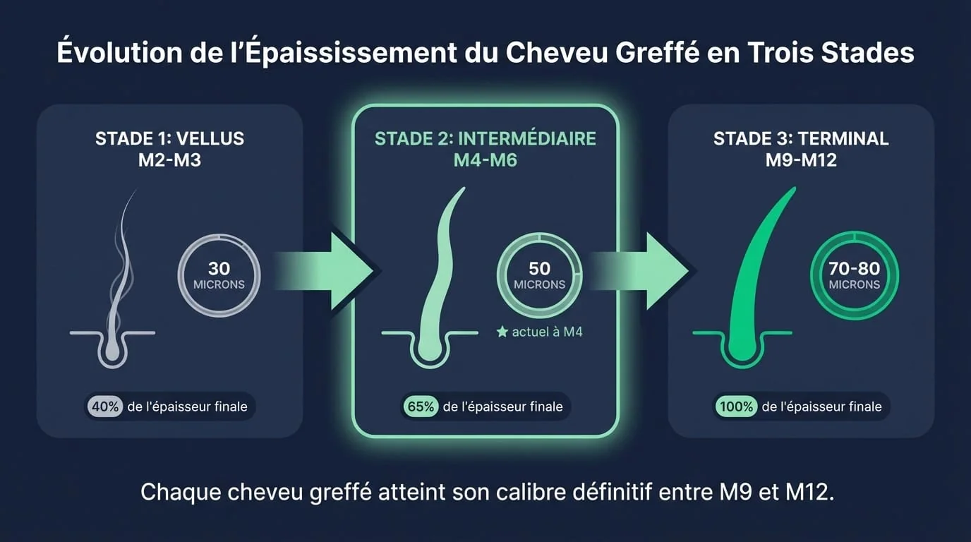 Épaississement Progressif des Cheveux — M4 Post-Greffe | Renaissance Clinique Stades d'épaississement des cheveux greffés à 4 mois : progression du cheveu vellus (fin, dépigmenté) vers le cheveu intermédiaire puis terminal (épais, pigmenté)