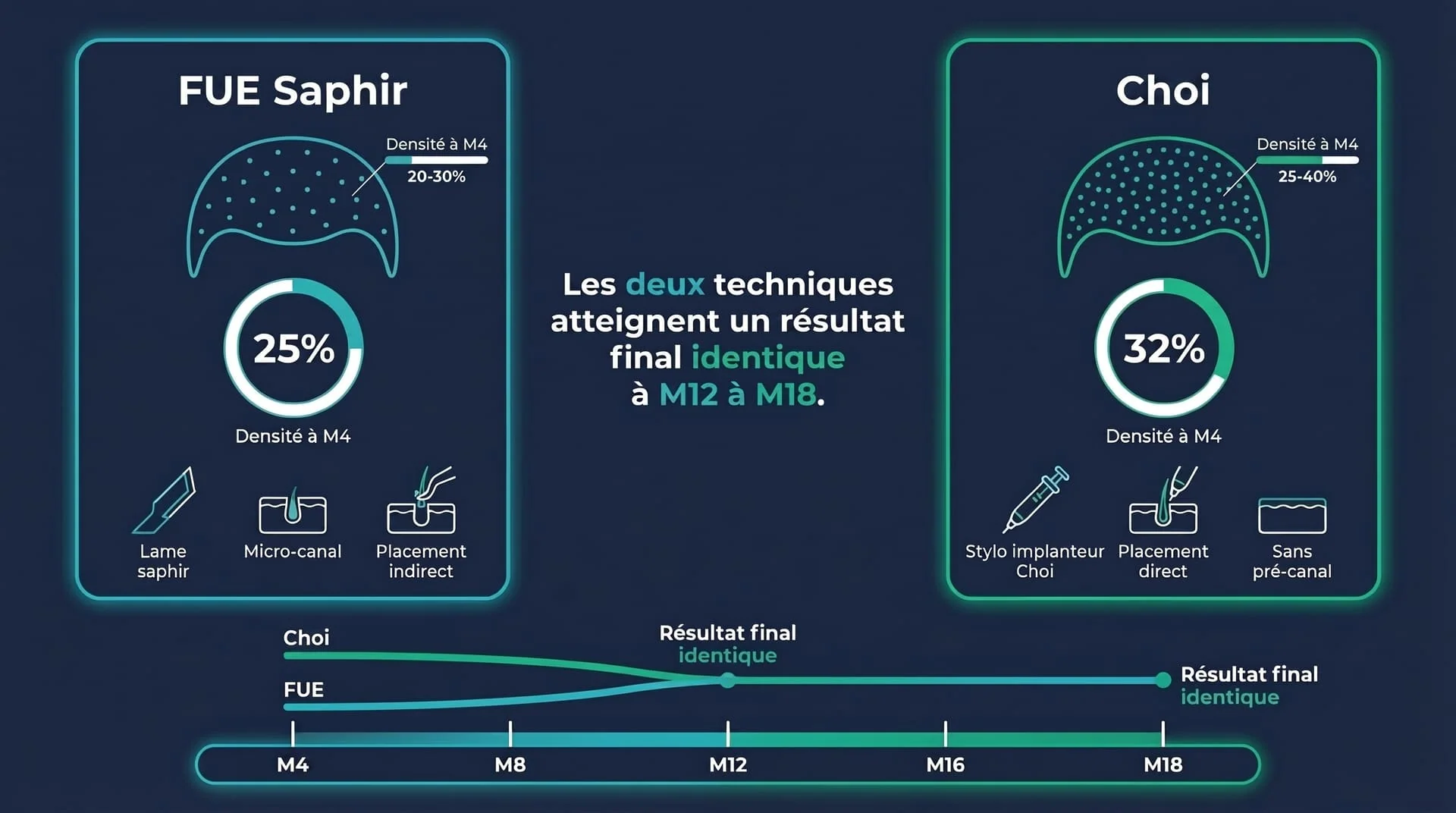 FUE Saphir vs Choi Pen à 4 Mois — Comparaison de la Densité | Renaissance Clinique Comparaison de la repousse à 4 mois entre FUE Saphir (20-30 % de densité) et Choi Pen stylo Choi (25-40 % de densité) montrant l'épaississement progressif avec les deux techniques