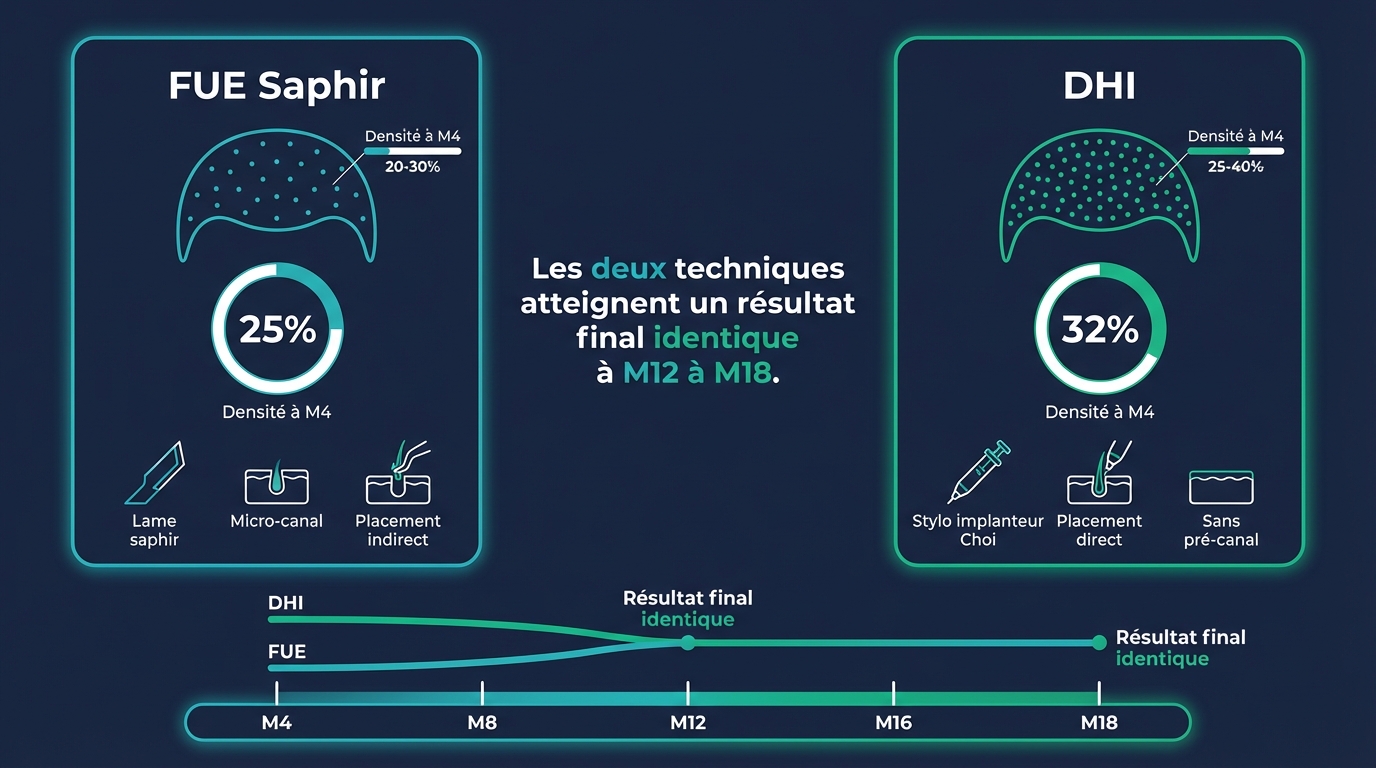 Comparaison de la repousse à 4 mois entre FUE Saphir (20-30 % de densité) et DHI stylo Choi (25-40 % de densité) montrant l'épaississement progressif avec les deux techniques