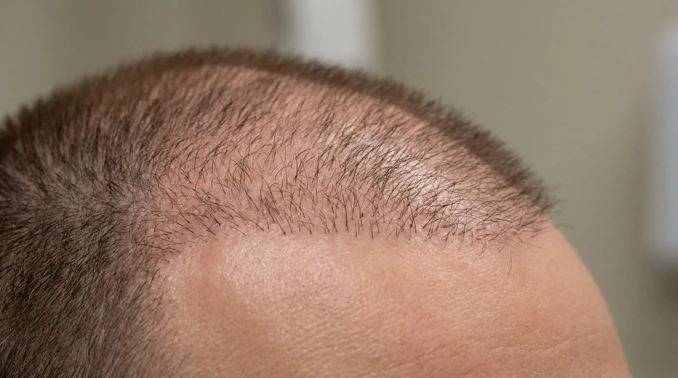 Greffe de Cheveux 4 Mois Après — Accélération de la Repousse | Renaissance Clinique Résultat de greffe de cheveux à 4 mois : repousse accélérée avec 20-35 % de densité visible, cheveux de 2-4 cm en phase anagène active