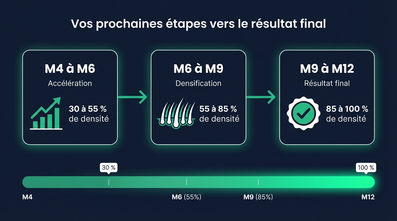 Roadmap de la repousse post-greffe de M4 à M12 : progression de la densité de 20-35 % à M4 vers 40-60 % à M6 puis 90-95 % à M12 avec étapes clés