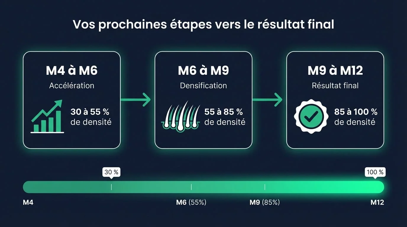 Prochaines Étapes — De M4 au Résultat Final | Renaissance Clinique Roadmap de la repousse post-greffe de M4 à M12 : progression de la densité de 20-35 % à M4 vers 40-60 % à M6 puis 90-95 % à M12 avec étapes clés