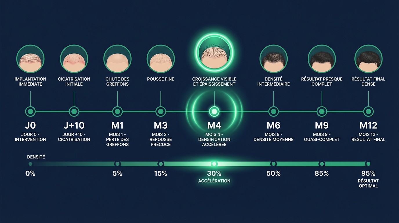 Timeline de la repousse post-greffe de cheveux avec position à 4 mois : 9 phases du jour 1 au mois 18, début de repousse et repousse accélérée mis en évidence avec marqueur ambré