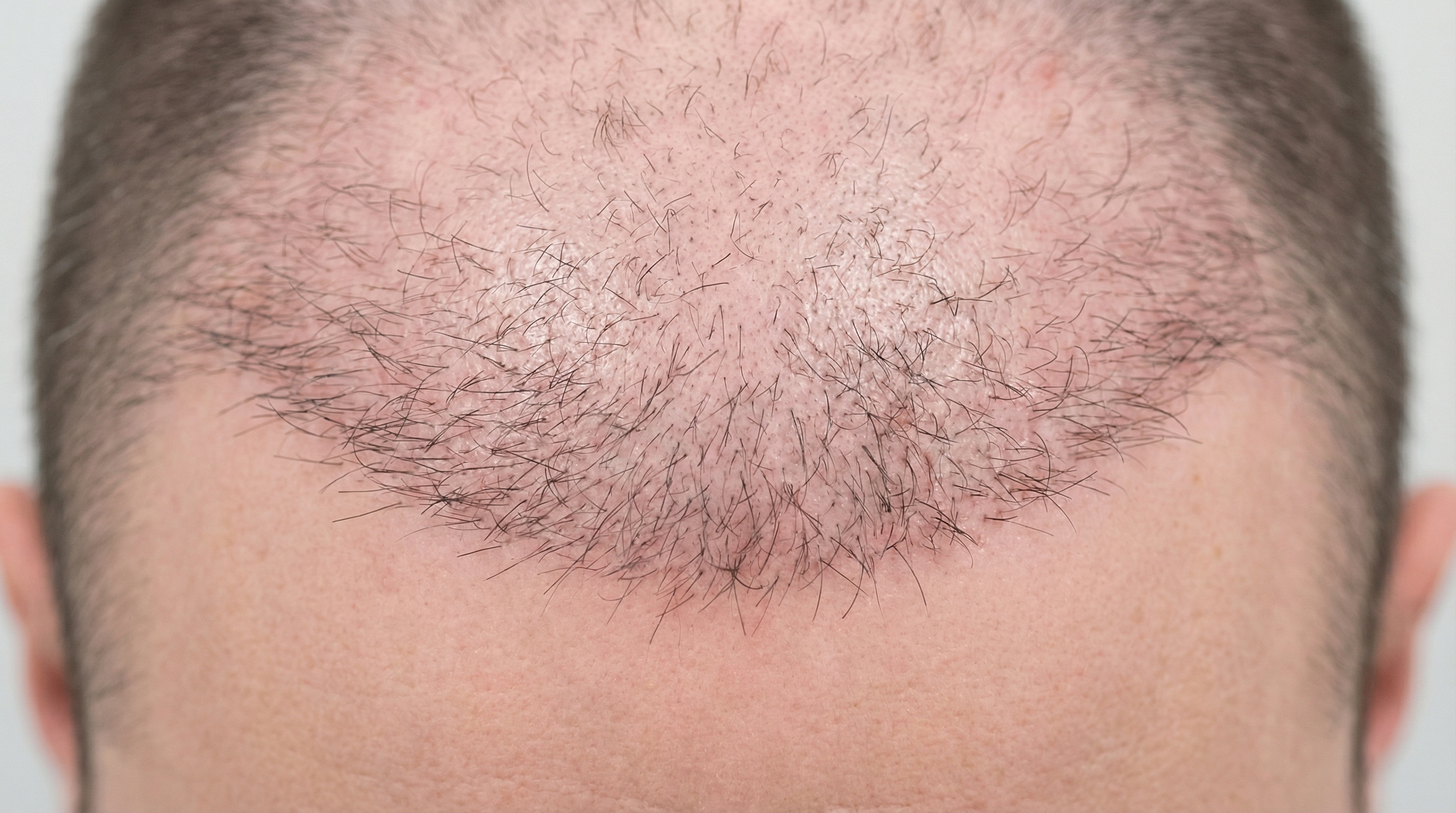 Résultat de greffe de cheveux à 6 mois : vue du dessus montrant la repousse active sur la ligne frontale avec 40-60 % de densité visible, cheveux fins en épaississement progressif