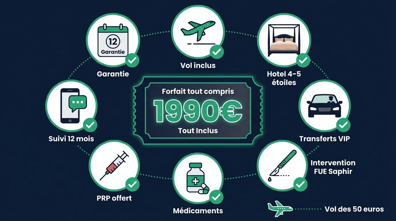 Infographie forfait tout compris greffe de cheveux Istanbul : intervention, hôtel 4-5 étoiles, transferts VIP, médicaments, PRP offert, suivi 12 mois — à partir de 1 990 €