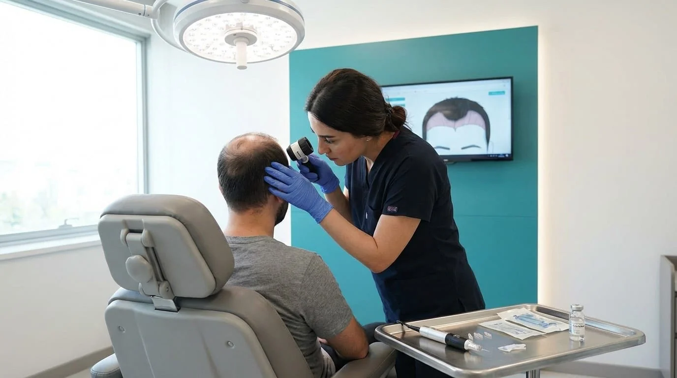 Consultation pré-opératoire dans une clinique de greffe capillaire à Istanbul — le chirurgien examine le cuir chevelu du patient avec un dermatoscope