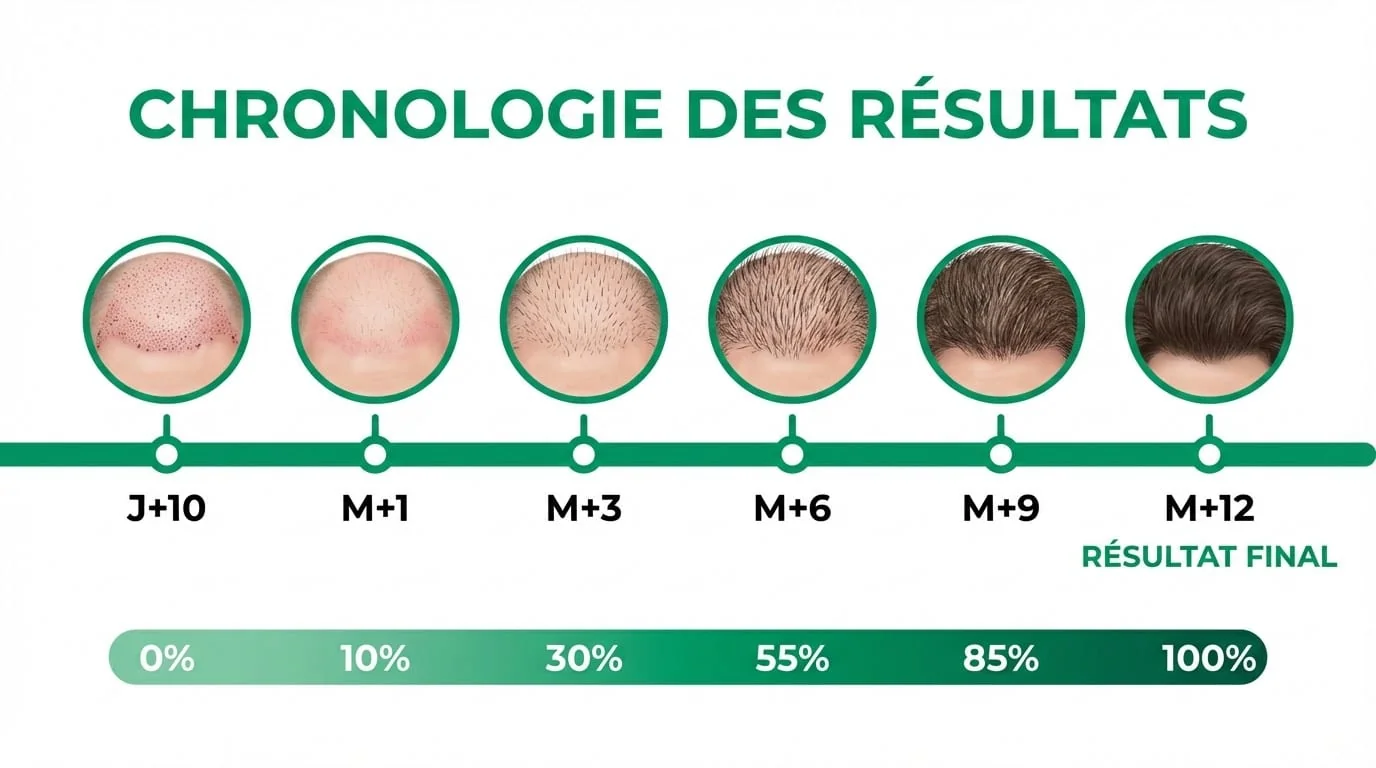 Chronologie des résultats de greffe de cheveux sur 12 mois : de J+10 croûtes tombées à M+12 résultat final dense et naturel