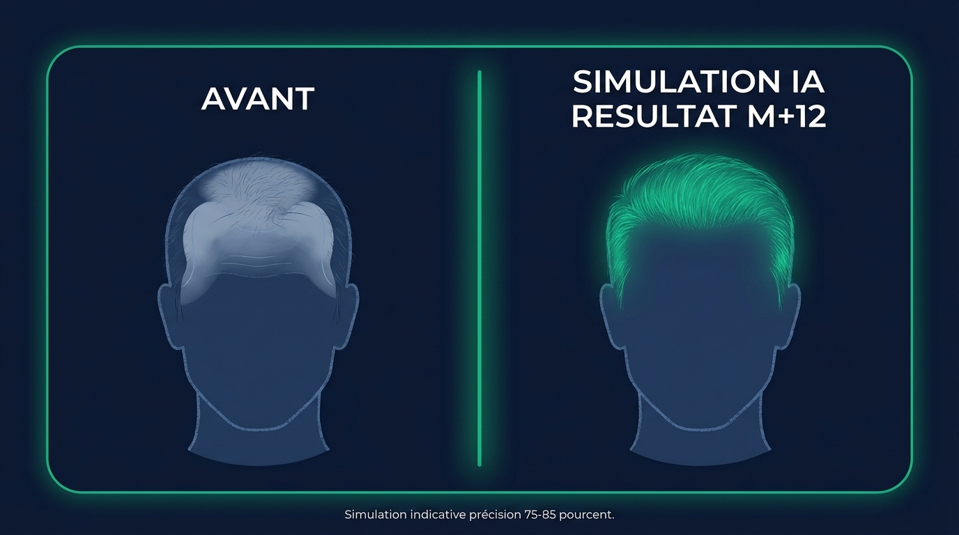 Infographie en vue partagée avant/après de la simulation IA : côté gauche montrant le cuir chevelu avec alopécie androgénétique stade Norwood 4, côté droit montrant la simulation du résultat post-greffe avec 4 000 greffons — ligne frontale naturelle, densité restaurée, zone donneuse préservée