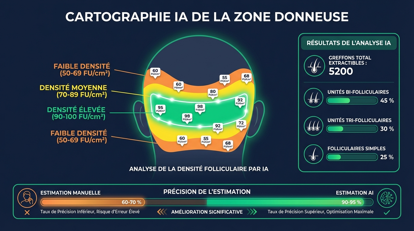 Infographie de cartographie IA de la zone donneuse pour greffe de cheveux : heatmap de densité folliculaire montrant les zones à haute densité (vert), moyenne densité (jaune) et basse densité (rouge), avec mesures en follicules/cm² et ratio de cheveux par unité folliculaire