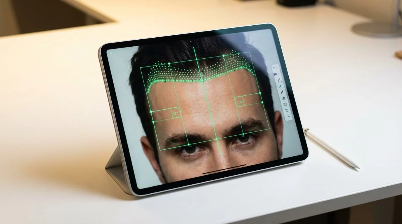 Gros plan d'une tablette affichant le design de la ligne frontale assisté par intelligence artificielle : points de mesure morphométriques sur le visage du patient, lignes de symétrie, position de la hairline calculée par l'IA avec angles d'implantation prédits