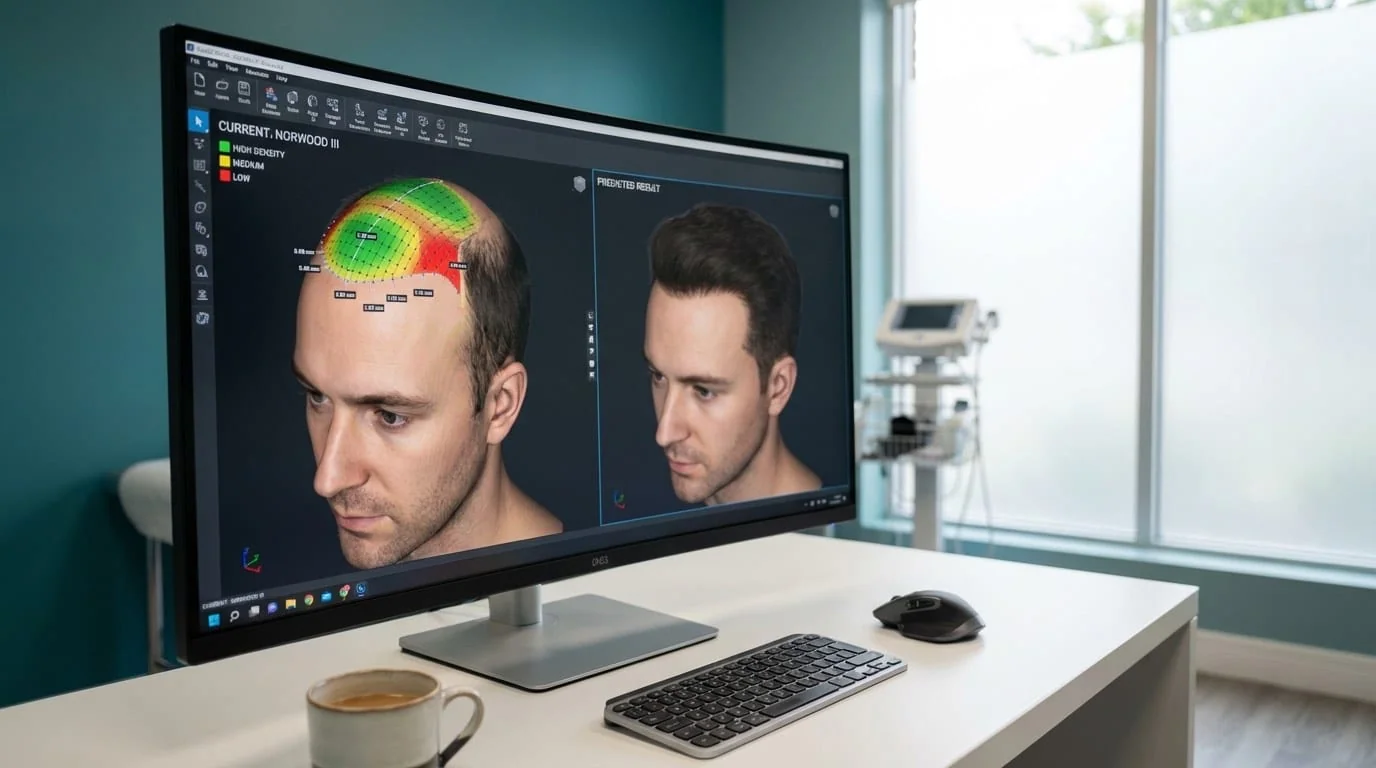 Écran de moniteur médical affichant un logiciel de simulation IA pour greffe de cheveux avec modèle 3D de tête montrant la ligne frontale prédite, la densité simulée et la cartographie des zones donneuse et receveuse — technologie de planification capillaire assistée par intelligence artificielle