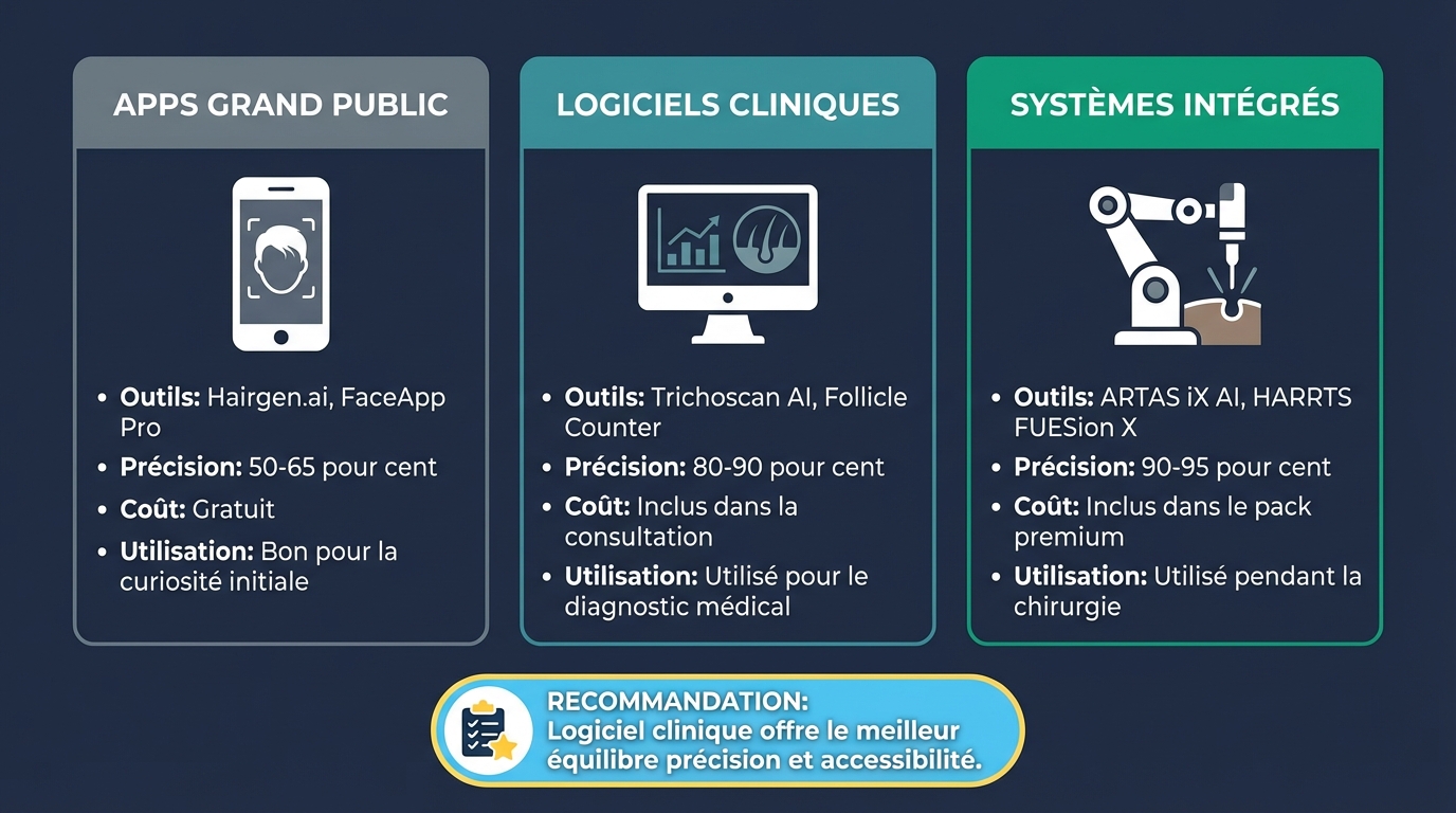 Infographie comparative des 3 catégories d'outils de simulation IA pour greffe de cheveux en 2026 : applications grand public (Hairgen.ai), dispositifs cliniques (Trichoscan AI, FotoFinder), systèmes robotiques intégrés (ARTAS iX, HARRTS FUEsion X) — comparaison de précision, coût et accessibilité