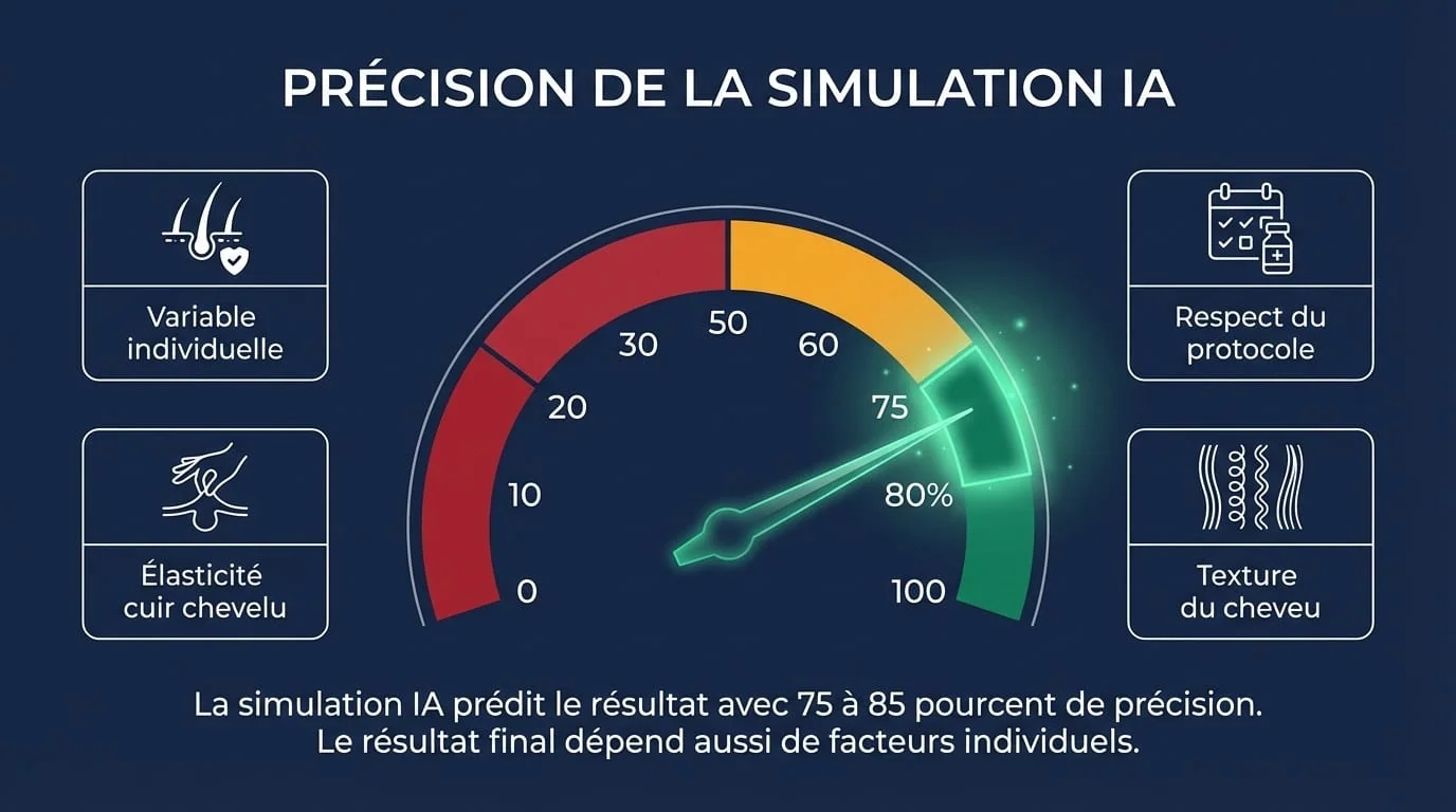 Infographie de précision de la simulation IA pour greffe de cheveux : jauge de précision globale à 75-85 %, facteurs augmentant la précision (calvitie modérée, cheveux épais, bon suivi) et facteurs diminuant la précision (calvitie avancée, cheveux fins, mauvais suivi) avec échelle visuelle