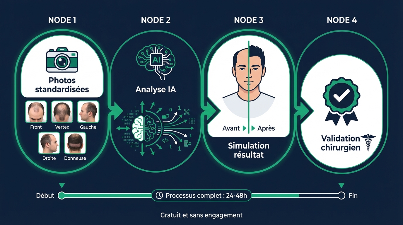 Infographie en 4 étapes du processus de simulation IA pour greffe de cheveux : étape 1 envoi de photos du patient, étape 2 analyse IA de la densité folliculaire et des zones clairsemées, étape 3 génération de la simulation visuelle du résultat avec nombre de greffons, étape 4 validation par le chirurgien expert