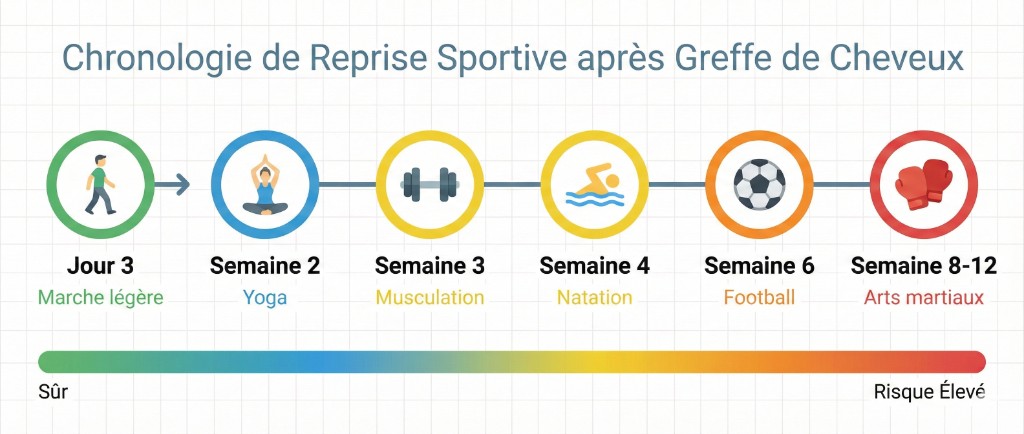 Infographie chronologie de reprise sportive après greffe de cheveux : marche légère dès Jour 3 (risque faible), yoga Semaine 2, musculation Semaine 3, natation Semaine 4, football Semaine 6, arts martiaux Semaine 8-12 (risque élevé) — gradient de sûr à risque élevé