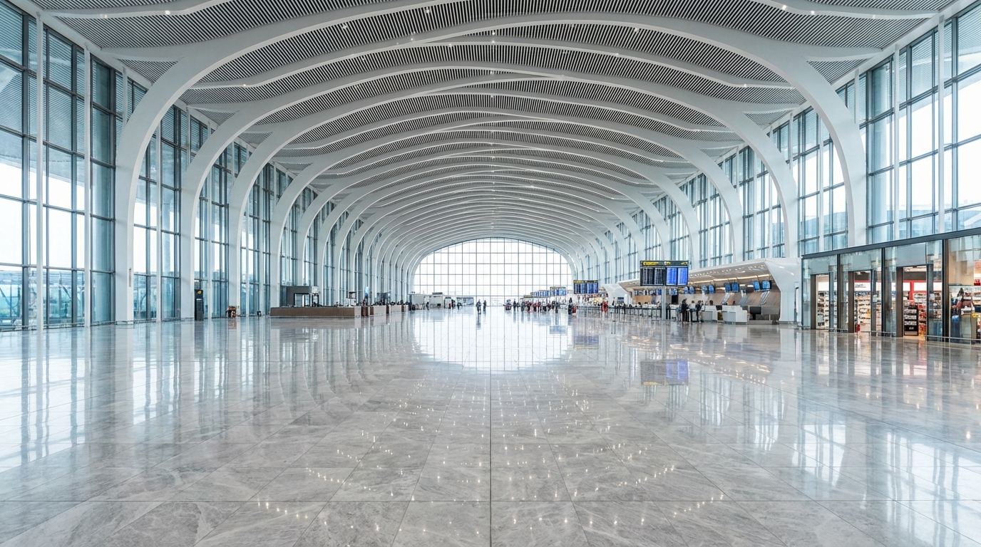 Intérieur moderne de l'aéroport Istanbul IST avec son hall de départ au plafond haut et lumineux