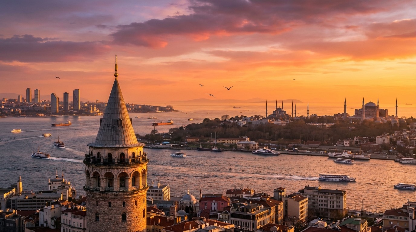 Greffe de Cheveux Istanbul — Guide Voyage Pratique pour Patients Francophones | Renaissance Clinique Panorama d'Istanbul au coucher du soleil avec le Bosphore, les mosquées et la skyline moderne — guide voyage greffe de cheveux