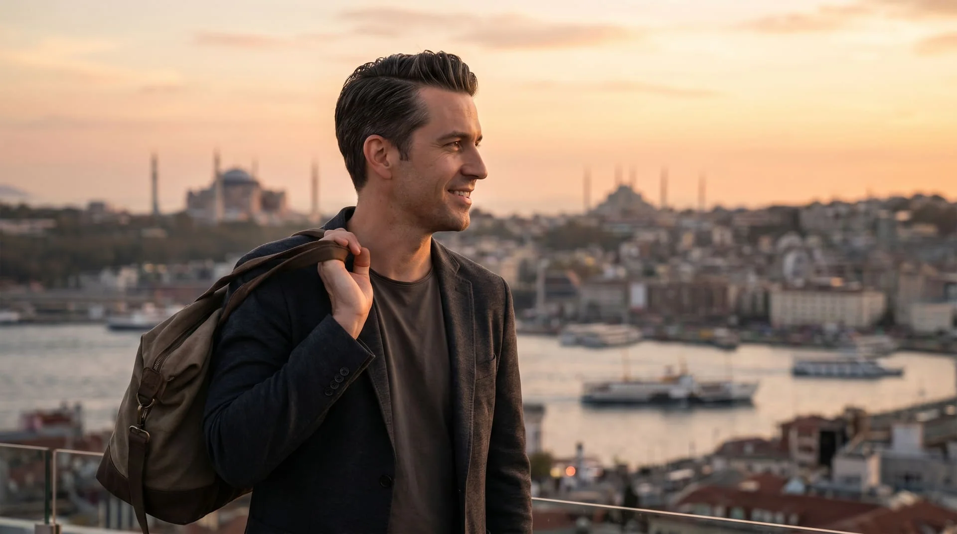 Panorama d'Istanbul au coucher du soleil avec le Bosphore, les mosquées et la skyline moderne — guide voyage greffe de cheveux