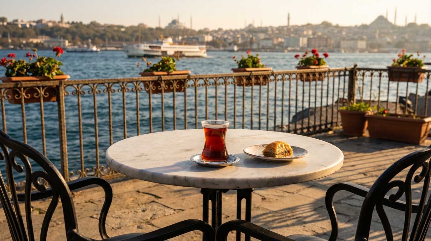 Détente Post-Greffe au Bord du Bosphore — Istanbul | Renaissance Clinique Vue du Bosphore depuis une terrasse de café à Istanbul avec un verre de thé turc — moment de détente post-greffe