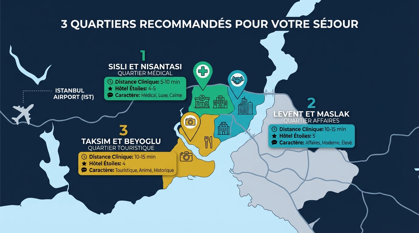 Carte des 3 meilleurs quartiers d'Istanbul pour un séjour greffe de cheveux : Şişli/Nişantaşı, Levent et Taksim