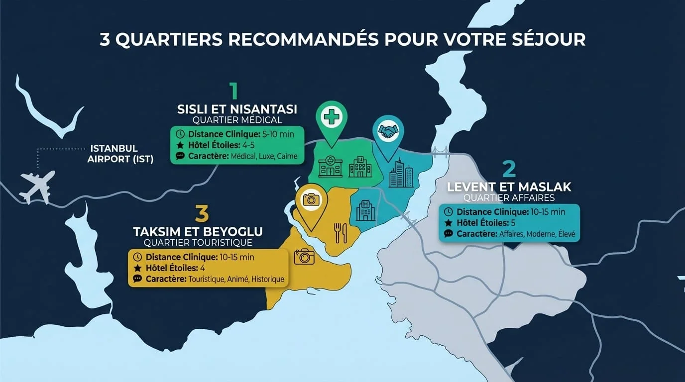Carte des 3 meilleurs quartiers d'Istanbul pour un séjour greffe de cheveux : Şişli/Nişantaşı, Levent et Taksim