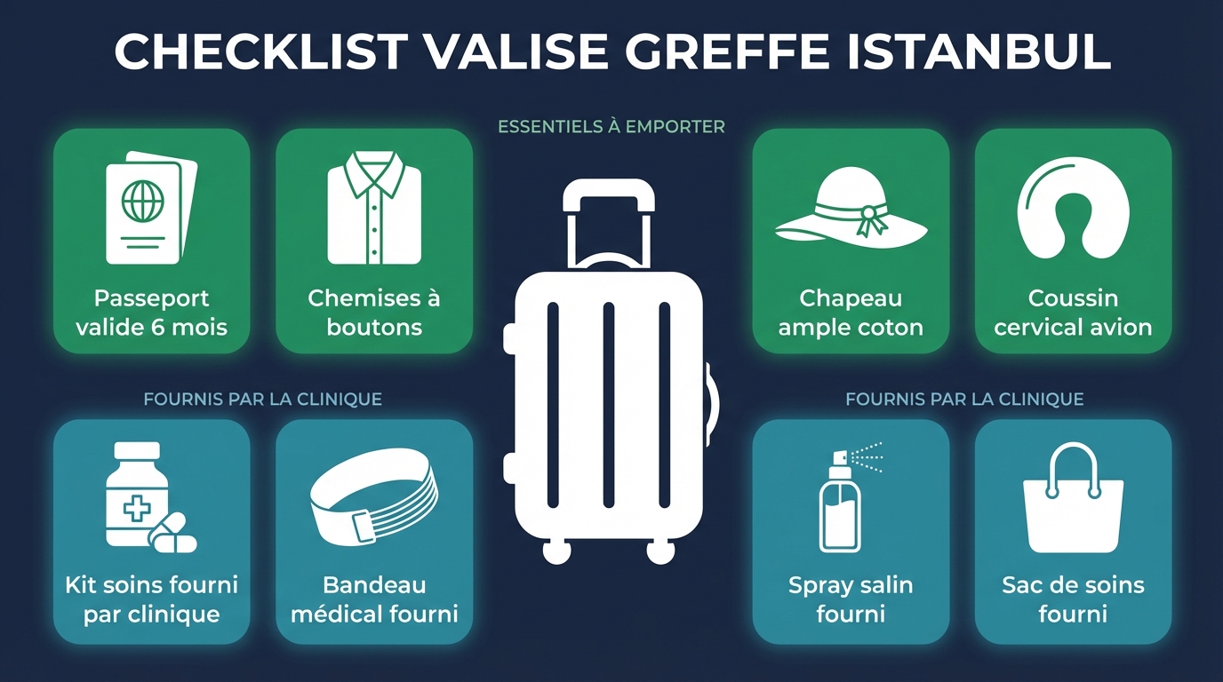 Checklist illustrée de la valise pour un séjour greffe de cheveux à Istanbul : chemises, chapeau, coussin cervical, passeport