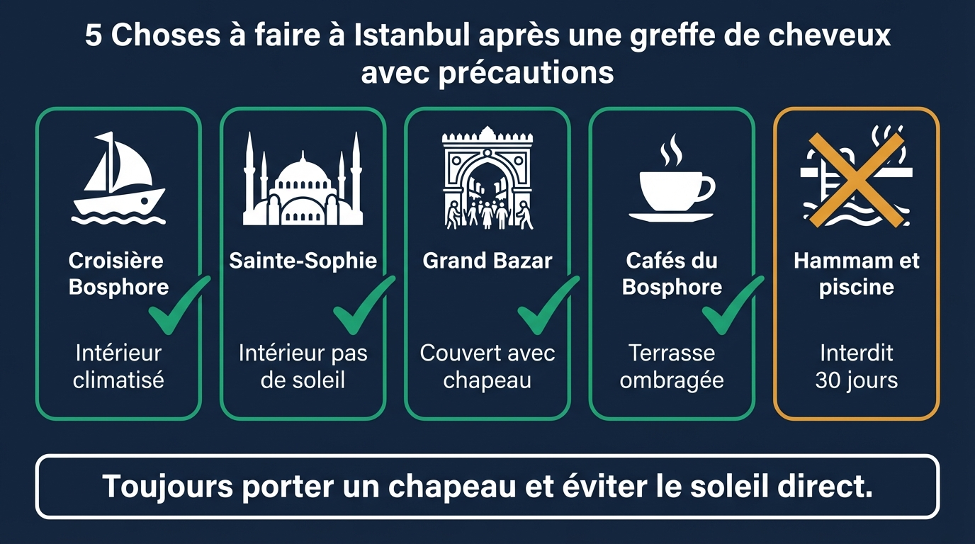 Infographie des 5 activités recommandées après une greffe de cheveux à Istanbul avec précautions : Bosphore, Sainte-Sophie, Grand Bazar