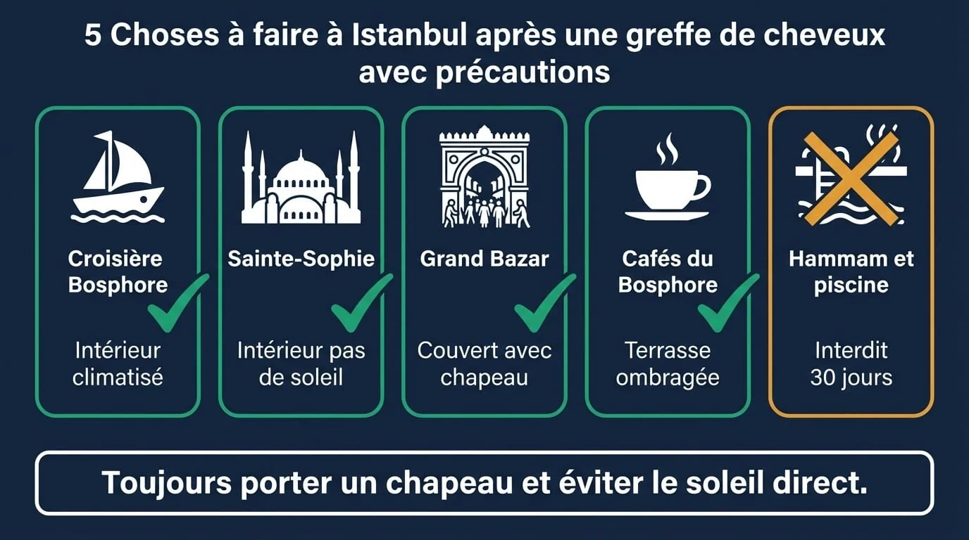 Infographie des 5 activités recommandées après une greffe de cheveux à Istanbul avec précautions : Bosphore, Sainte-Sophie, Grand Bazar
