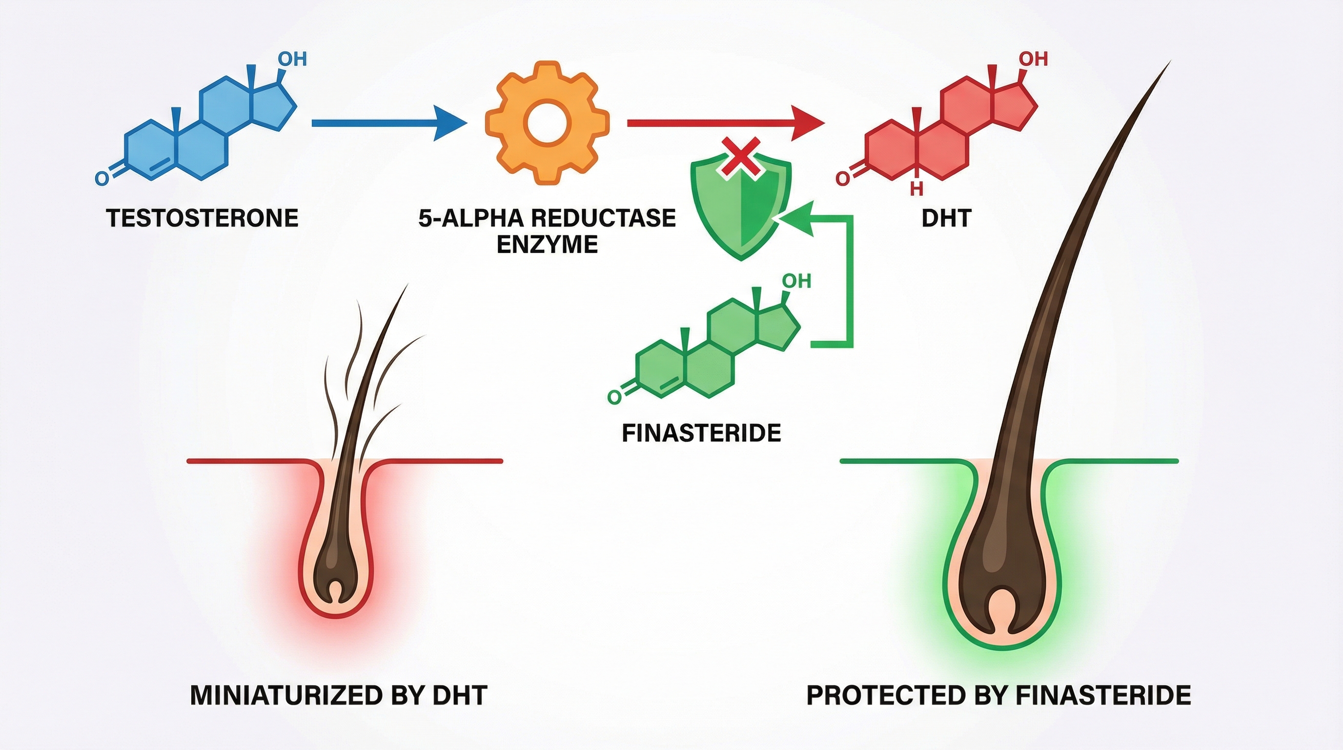 Schéma médical du mécanisme d'action du finastéride : blocage de l'enzyme 5-alpha-réductase, réduction de la DHT et protection du follicule capillaire contre la miniaturisation