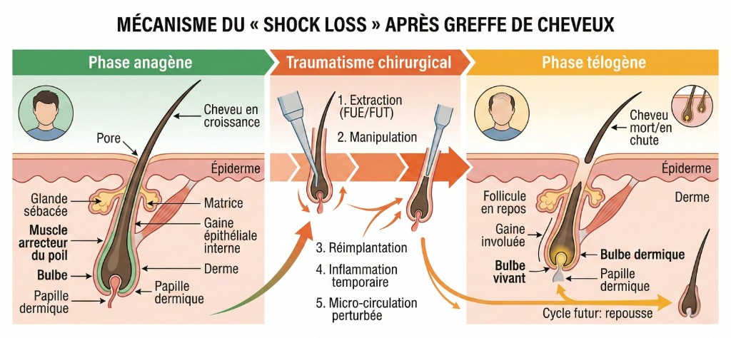 Schéma médical du mécanisme du shock loss après greffe de cheveux : phase anagène (follicule en croissance avec cheveu, glande sébacée, muscle arrecteur, bulbe, papille dermique), traumatisme chirurgical (extraction FUE/FUT, manipulation, réimplantation, inflammation temporaire, micro-circulation perturbée), phase télogène (follicule en repos, gaine involuée, cheveu mort en chute, bulbe dermique vivant, cycle futur de repousse)