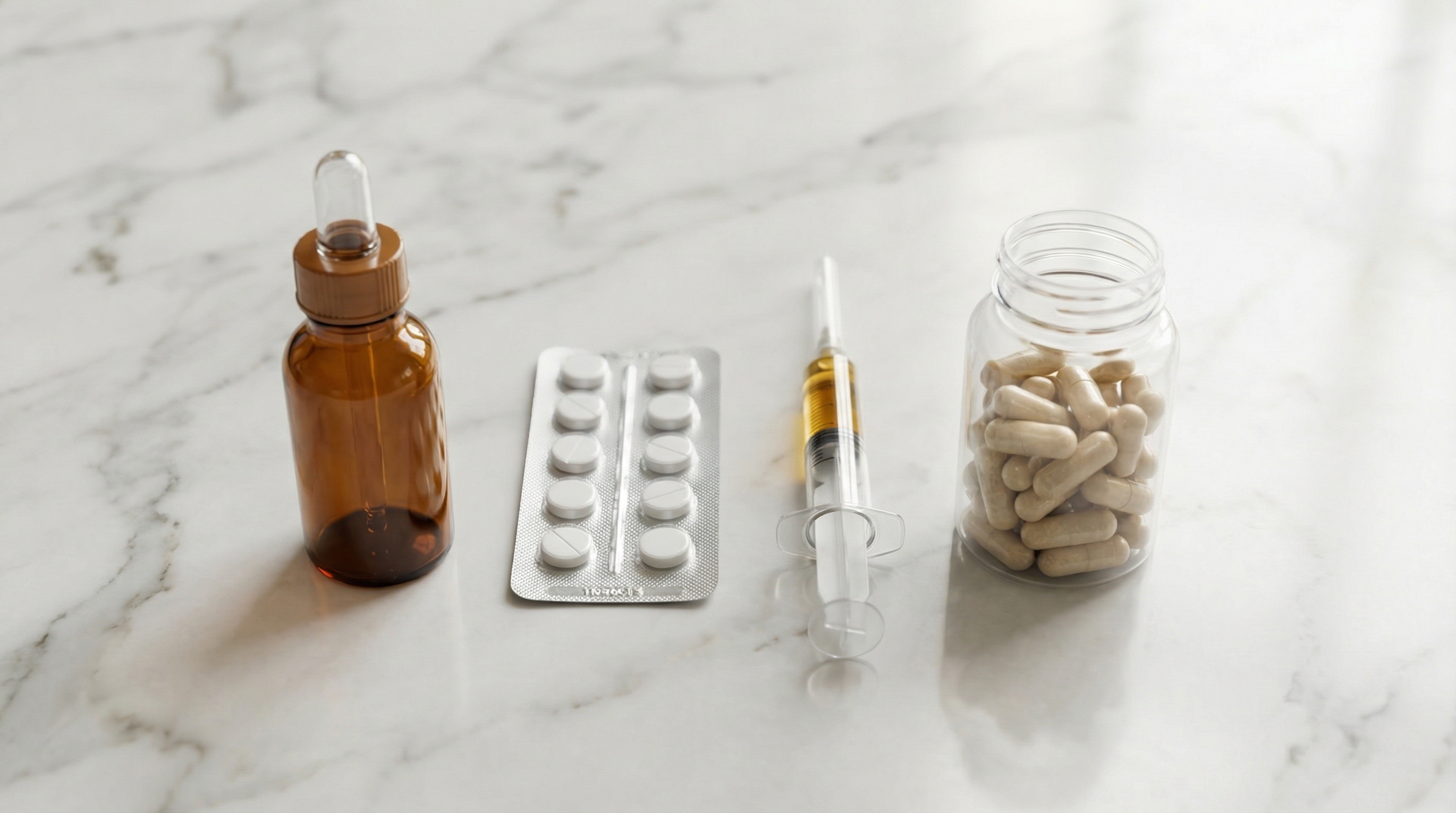 Vue d'ensemble des traitements médicamenteux contre la chute de cheveux : comprimés de finastéride, flacon de minoxidil topique, seringue PRP et compléments alimentaires disposés sur une surface médicale