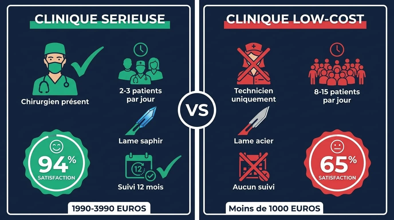 Clinique Certifiée vs Low-Cost — Comparaison Objective | Renaissance Clinique Infographie de comparaison entre une clinique de greffe capillaire sérieuse et une clinique low-cost : chirurgien, technologie, suivi, prix et taux de réussite
