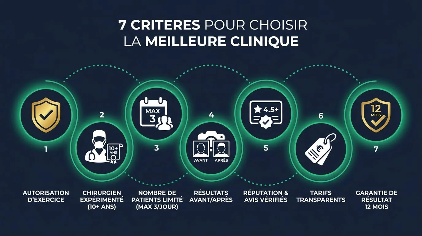 7 Critères pour Choisir la Meilleure Clinique de Greffe — Infographie | Renaissance Clinique Infographie des 7 critères objectifs pour choisir la meilleure clinique de greffe de cheveux en Turquie : autorisation d'exercice, ISHRS, ratio patient, transparence, suivi, galerie, technologie