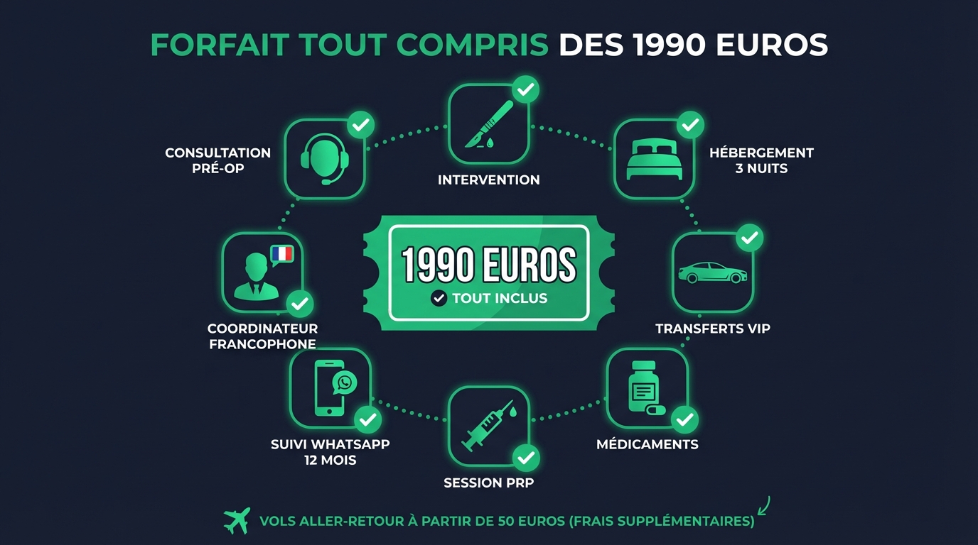 Forfait Tout Compris Greffe de Cheveux — Ce Qui Est Réellement Inclus | Renaissance Clinique Infographie du forfait tout compris greffe de cheveux à Istanbul : intervention, hôtel 5 étoiles 3 nuits, transferts, analyses, soins, médicaments, PRP et suivi 12 mois