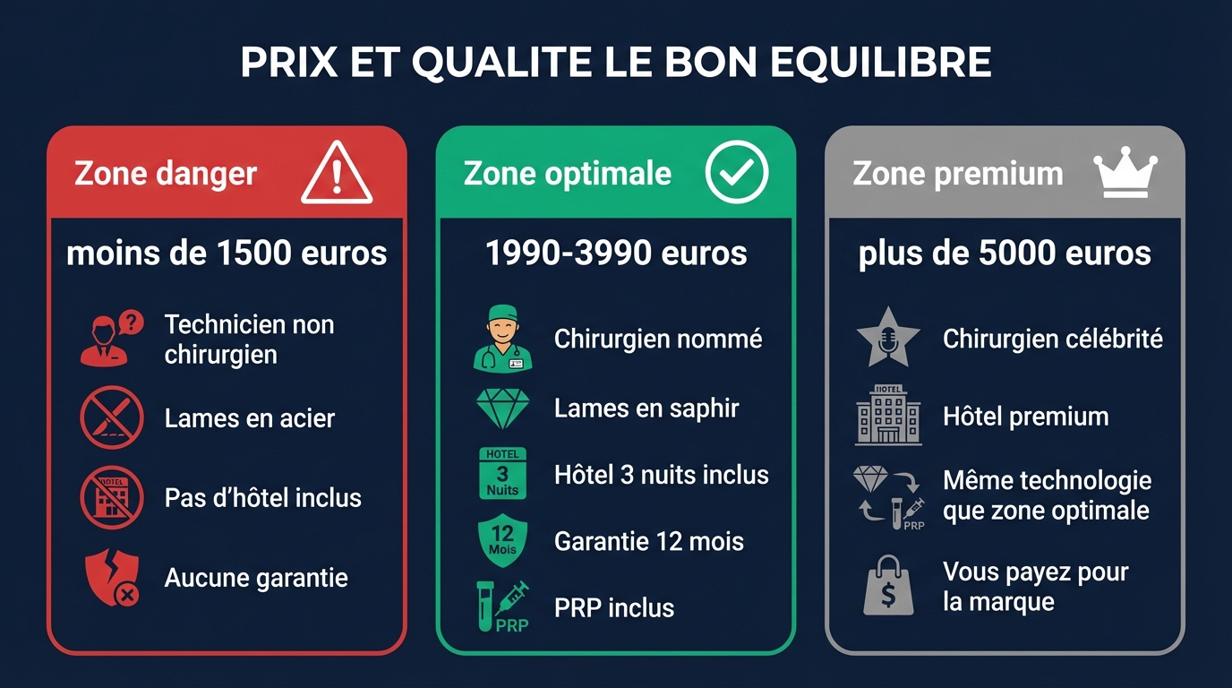 Prix Greffe de Cheveux Istanbul — 3 Segments de Qualité | Renaissance Clinique Infographie des 3 segments de prix pour une greffe de cheveux à Istanbul : low-cost (800-1500€), milieu de gamme (1500-3000€) et premium certifié (3000-5000€)