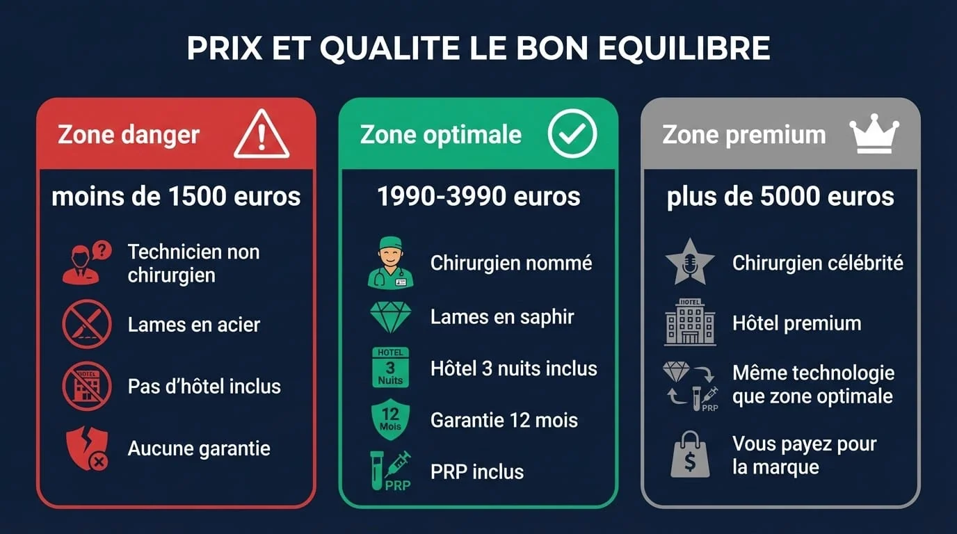 Prix Greffe de Cheveux Istanbul — 3 Segments de Qualité | Renaissance Clinique Infographie des 3 segments de prix pour une greffe de cheveux à Istanbul : low-cost (800-1500€), milieu de gamme (1500-3000€) et premium certifié (3000-5000€)