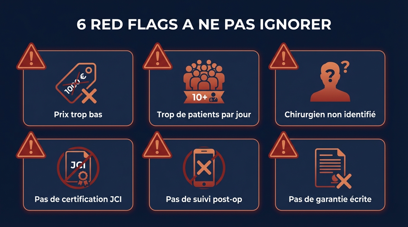 Red Flags Greffe de Cheveux en Turquie — 8 Signaux d'Alarme | Renaissance Clinique Infographie des 8 red flags à détecter avant de choisir une clinique de greffe de cheveux à Istanbul : promesses irréalistes, prix trop bas, techniciens, pas de suivi