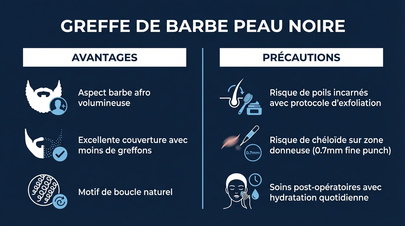 Greffe de barbe sur peau noire : résultat dense et naturel à 10 mois, technique anti-folliculite | Renaissance Clinique Résultat de greffe de barbe FUE Saphir sur peau noire : avant (barbe clairsemée et inégale) et après (barbe dense et harmonieuse) à 10 mois post-opératoire — angle d'implantation aigu pour éviter les poils incarnés